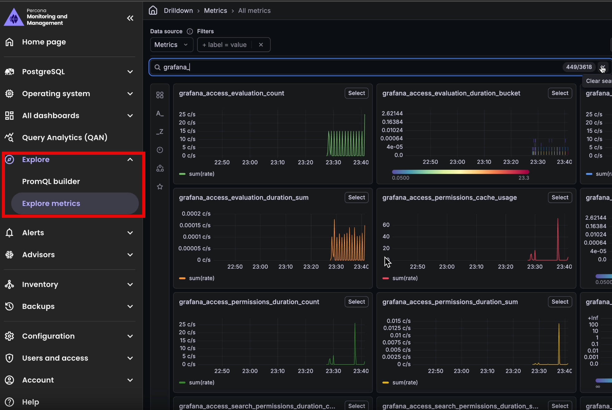 Explore metrics in the PMM sidebar